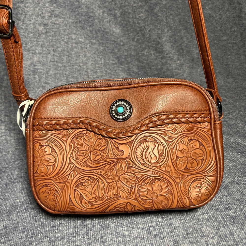 Alyssa Brown Tooled Vegan Leather Floral Western Crossbody Bag Cowgirl
